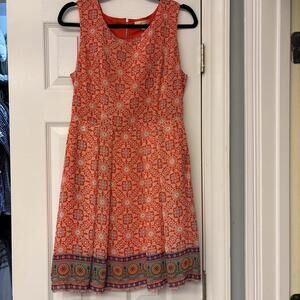 UNDER SKIES Orange, White, Blue Geometric Chiffon Lined Dress. Size M .